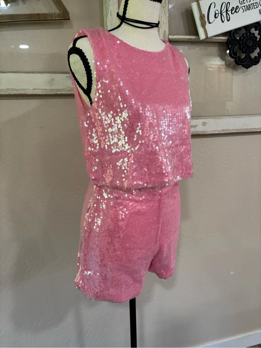 Women's Pink Sequin Shorts crop top Set - Sleeveless Lounge set
